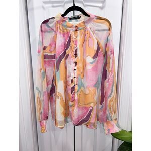 ZESICA Sheer Abstract Floral Button Front Blouse Size XL